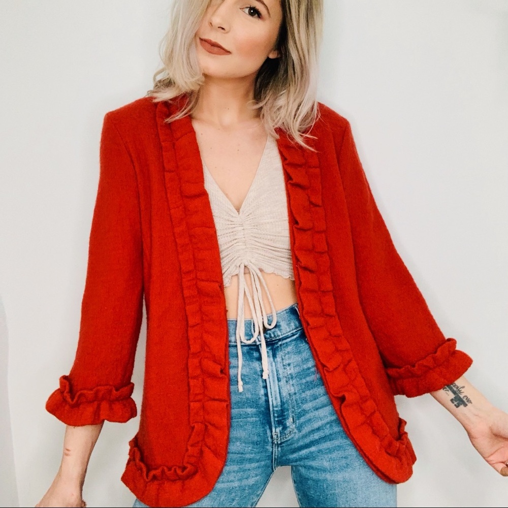 VINTAGE | Wool Ruffle Embellished Burnt Orange Cardigan  Blazer Coat Top